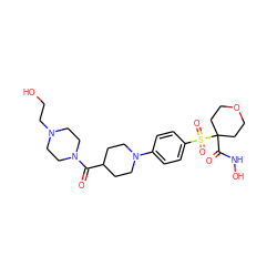 O=C(C1CCN(c2ccc(S(=O)(=O)C3(C(=O)NO)CCOCC3)cc2)CC1)N1CCN(CCO)CC1 ZINC000049089771