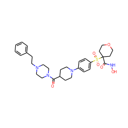 O=C(C1CCN(c2ccc(S(=O)(=O)C3(C(=O)NO)CCOCC3)cc2)CC1)N1CCN(CCc2ccccc2)CC1 ZINC000049777357