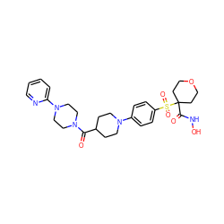 O=C(C1CCN(c2ccc(S(=O)(=O)C3(C(=O)NO)CCOCC3)cc2)CC1)N1CCN(c2ccccn2)CC1 ZINC000049775631