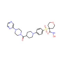 O=C(C1CCN(c2ccc(S(=O)(=O)C3(C(=O)NO)CCOCC3)cc2)CC1)N1CCN(c2cnccn2)CC1 ZINC000049777113