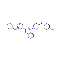 O=C(C1CCN(c2nc(-c3ccnc(NC4CCCCC4)c3)cc3cnccc23)CC1)N1CCC(O)CC1 ZINC000058563867