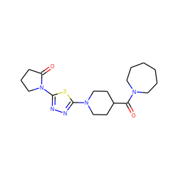 O=C(C1CCN(c2nnc(N3CCCC3=O)s2)CC1)N1CCCCCC1 ZINC000033331643