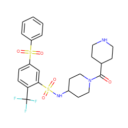 O=C(C1CCNCC1)N1CCC(NS(=O)(=O)c2cc(S(=O)(=O)c3ccccc3)ccc2C(F)(F)F)CC1 ZINC000049745994