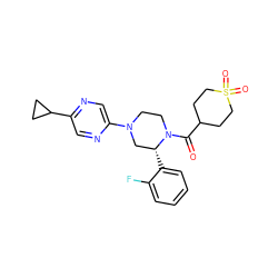 O=C(C1CCS(=O)(=O)CC1)N1CCN(c2cnc(C3CC3)cn2)C[C@H]1c1ccccc1F ZINC001772641333