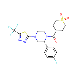 O=C(C1CCS(=O)(=O)CC1)N1CCN(c2nnc(C(F)(F)F)s2)C[C@H]1c1ccc(F)cc1 ZINC001772632313