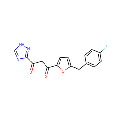 O=C(CC(=O)c1ccc(Cc2ccc(F)cc2)o1)c1nc[nH]n1 ZINC000101028639