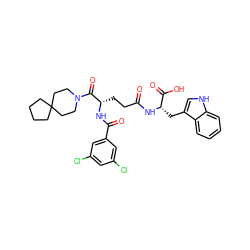 O=C(CC[C@H](NC(=O)c1cc(Cl)cc(Cl)c1)C(=O)N1CCC2(CCCC2)CC1)N[C@@H](Cc1c[nH]c2ccccc12)C(=O)O ZINC000003932814