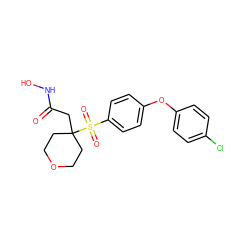 O=C(CC1(S(=O)(=O)c2ccc(Oc3ccc(Cl)cc3)cc2)CCOCC1)NO ZINC000003821624