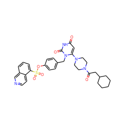 O=C(CC1CCCCC1)N1CCN(c2cc(=O)[nH]c(=O)n2Cc2ccc(OS(=O)(=O)c3cccc4cnccc34)cc2)CC1 ZINC000205362532