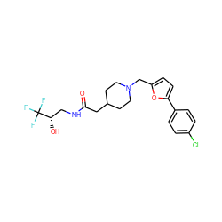 O=C(CC1CCN(Cc2ccc(-c3ccc(Cl)cc3)o2)CC1)NC[C@H](O)C(F)(F)F ZINC000043120387