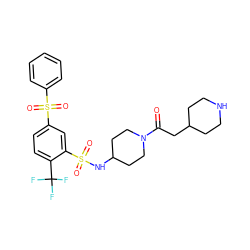 O=C(CC1CCNCC1)N1CCC(NS(=O)(=O)c2cc(S(=O)(=O)c3ccccc3)ccc2C(F)(F)F)CC1 ZINC000049745628