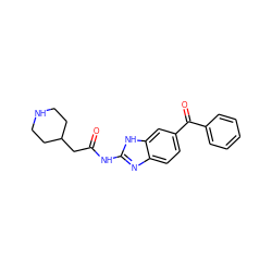 O=C(CC1CCNCC1)Nc1nc2ccc(C(=O)c3ccccc3)cc2[nH]1 ZINC000084689532