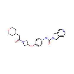 O=C(CC1CCOCC1)N1CC(Oc2ccc(NC(=O)N3Cc4ccncc4C3)cc2)C1 ZINC000166318699