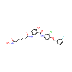 O=C(CCCCCC(=O)Nc1ccc(O)c(C(=O)Nc2ccc(OCc3cccc(F)c3)c(Cl)c2)c1)NO ZINC000084759334