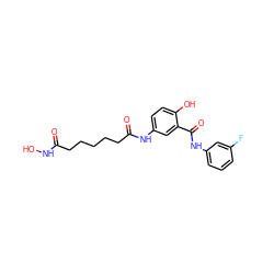 O=C(CCCCCC(=O)Nc1ccc(O)c(C(=O)Nc2cccc(F)c2)c1)NO ZINC000084653669