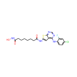 O=C(CCCCCCC(=O)Nc1cc2c(Nc3ccc(Cl)cc3F)ncnc2s1)NO ZINC000299830370