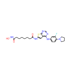 O=C(CCCCCCC(=O)Nc1cc2c(Nc3ccc(N4CCCC4)c(F)c3)ncnc2s1)NO ZINC000299821541