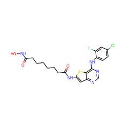 O=C(CCCCCCC(=O)Nc1cc2ncnc(Nc3ccc(Cl)cc3F)c2s1)NO ZINC001772637117