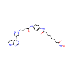 O=C(CCCCCCC(=O)Nc1ccc(NC(=O)CCCn2cc(-c3ncnc4[nH]ccc34)cn2)cc1)NO ZINC001772623698