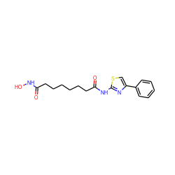 O=C(CCCCCCC(=O)Nc1nc(-c2ccccc2)cs1)NO ZINC000038695398