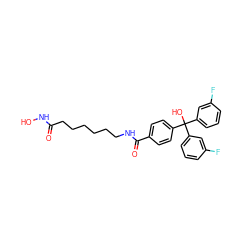 O=C(CCCCCCNC(=O)c1ccc(C(O)(c2cccc(F)c2)c2cccc(F)c2)cc1)NO ZINC000118711936