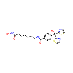 O=C(CCCCCCNC(=O)c1ccc(C(O)(c2nccs2)c2nccs2)cc1)NO ZINC000118355267