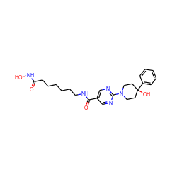 O=C(CCCCCCNC(=O)c1cnc(N2CCC(O)(c3ccccc3)CC2)nc1)NO ZINC000118355020