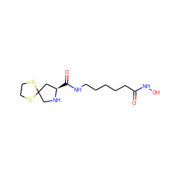 O=C(CCCCCNC(=O)[C@@H]1CC2(CN1)SCCS2)NO ZINC000072104836