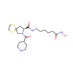 O=C(CCCCCNC(=O)[C@@H]1CC2(CN1C(=O)C1CCNCC1)SCCS2)NO ZINC000072106566