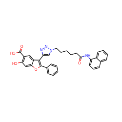 O=C(CCCCCn1cc(-c2c(-c3ccccc3)oc3cc(O)c(C(=O)O)cc23)nn1)Nc1cccc2ccccc12 ZINC000066112689