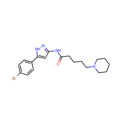 O=C(CCCCN1CCCCC1)Nc1cc(-c2ccc(Br)cc2)[nH]n1 ZINC000084742575