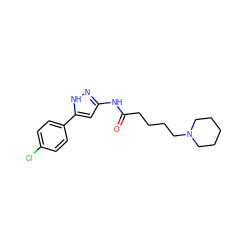 O=C(CCCCN1CCCCC1)Nc1cc(-c2ccc(Cl)cc2)[nH]n1 ZINC000084739428