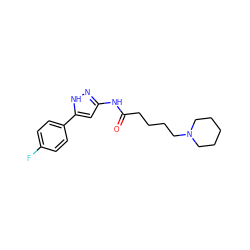 O=C(CCCCN1CCCCC1)Nc1cc(-c2ccc(F)cc2)[nH]n1 ZINC000084740609