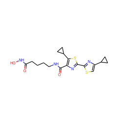 O=C(CCCCNC(=O)c1nc(-c2nc(C3CC3)cs2)sc1C1CC1)NO ZINC000147357082