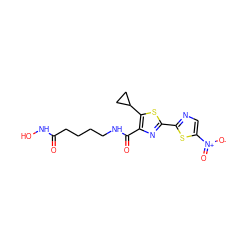 O=C(CCCCNC(=O)c1nc(-c2ncc([N+](=O)[O-])s2)sc1C1CC1)NO ZINC000147367642