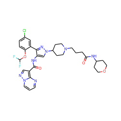 O=C(CCCN1CCC(n2cc(NC(=O)c3cnn4cccnc34)c(-c3cc(Cl)ccc3OC(F)F)n2)CC1)NC1CCOCC1 ZINC001772628880