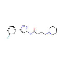 O=C(CCCN1CCCCC1)Nc1cc(-c2cccc(F)c2)[nH]n1 ZINC000043197520