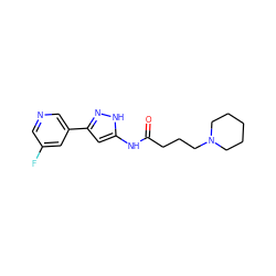 O=C(CCCN1CCCCC1)Nc1cc(-c2cncc(F)c2)n[nH]1 ZINC000095576992