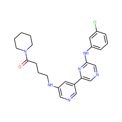 O=C(CCCNc1cncc(-c2cncc(Nc3cccc(Cl)c3)n2)c1)N1CCCCC1 ZINC000013648425