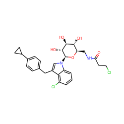 O=C(CCCl)NC[C@H]1O[C@@H](n2cc(Cc3ccc(C4CC4)cc3)c3c(Cl)cccc32)[C@H](O)[C@@H](O)[C@@H]1O ZINC000219001039