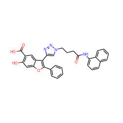 O=C(CCCn1cc(-c2c(-c3ccccc3)oc3cc(O)c(C(=O)O)cc23)nn1)Nc1cccc2ccccc12 ZINC000029049322