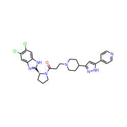 O=C(CCN1CCC(c2cc(-c3ccncc3)[nH]n2)CC1)N1CCC[C@H]1c1nc2cc(Cl)c(Cl)cc2[nH]1 ZINC000066097754