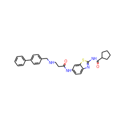 O=C(CCNCc1ccc(-c2ccccc2)cc1)Nc1ccc2nc(NC(=O)C3CCCC3)sc2c1 ZINC000028967713