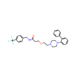 O=C(CCOCCN1CCN(c2ccccc2-c2ccccc2)CC1)NCc1ccc(C(F)(F)F)cc1 ZINC000205636512