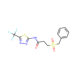 O=C(CCS(=O)(=O)Cc1ccccc1)Nc1nnc(C(F)(F)F)s1 ZINC000004731555