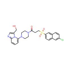 O=C(CCS(=O)(=O)c1ccc2cc(Cl)ccc2c1)N1CCN(c2cccc3ncc(CO)n23)CC1 ZINC000029055863