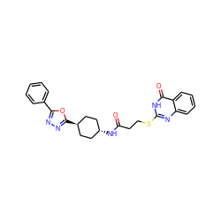 O=C(CCSc1nc2ccccc2c(=O)[nH]1)N[C@H]1CC[C@H](c2nnc(-c3ccccc3)o2)CC1 ZINC000261114384