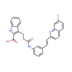 O=C(CCc1c(C(=O)O)[nH]c2ccccc12)Nc1cccc(/C=C/c2ccc3ccc(Cl)cc3n2)c1 ZINC000653817013