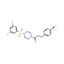 O=C(CCc1ccc(C(F)(F)F)cc1)N1CCN(S(=O)(=O)c2cc(Cl)cc(Cl)c2)CC1 ZINC000040422230