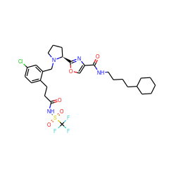 O=C(CCc1ccc(Cl)cc1CN1CCC[C@H]1c1nc(C(=O)NCCCCC2CCCCC2)co1)NS(=O)(=O)C(F)(F)F ZINC000164310187